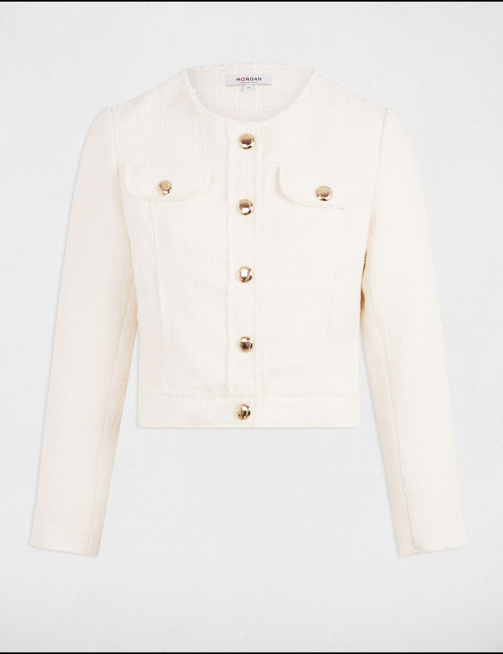 Chaqueta corta tweed marfil mujer
