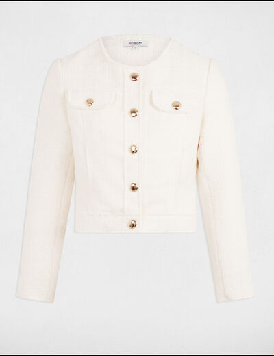 Chaqueta corta tweed marfil mujer