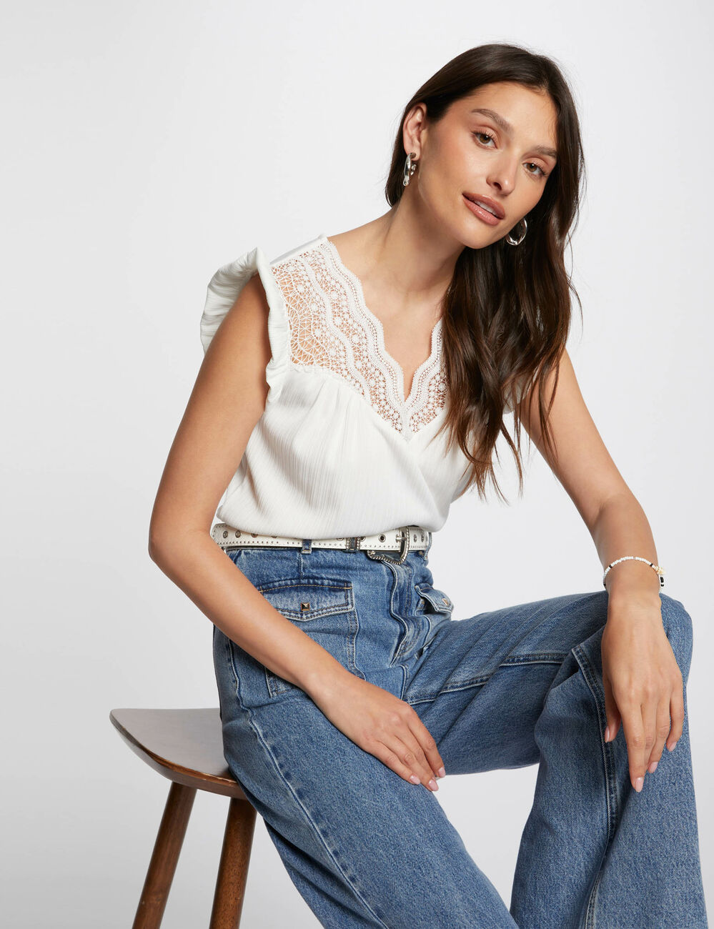 Top plisado con encaje marfil mujer