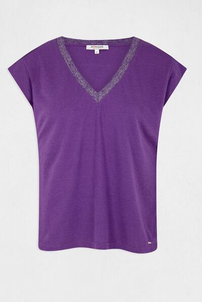 Camiseta manga corta con escote en V morado oscuro mujer