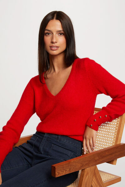 Jersey manga larga con escote en V rojo mujer