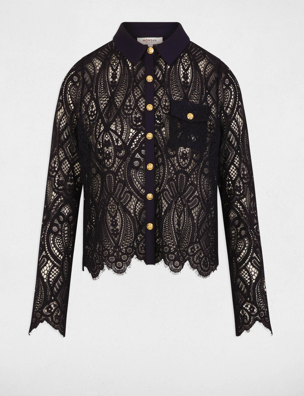Camisa corta de encaje azul marino mujer