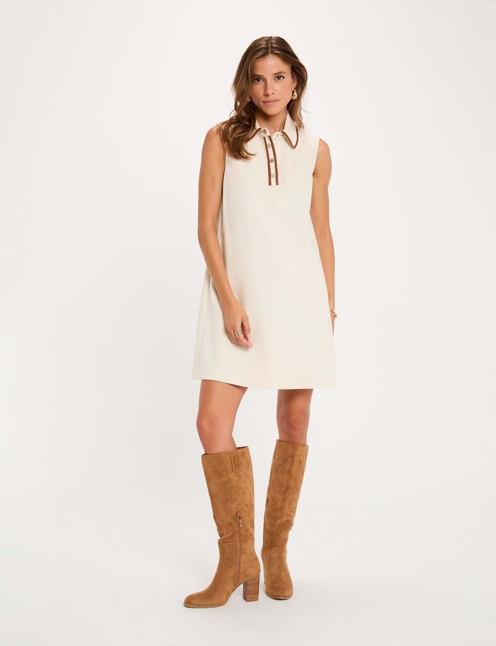 Vestido corto con cuello de solapa marfil mujer