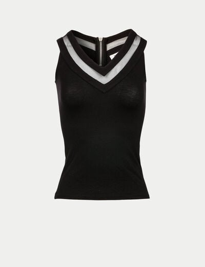 Top de punto de jersey y tul negro mujer