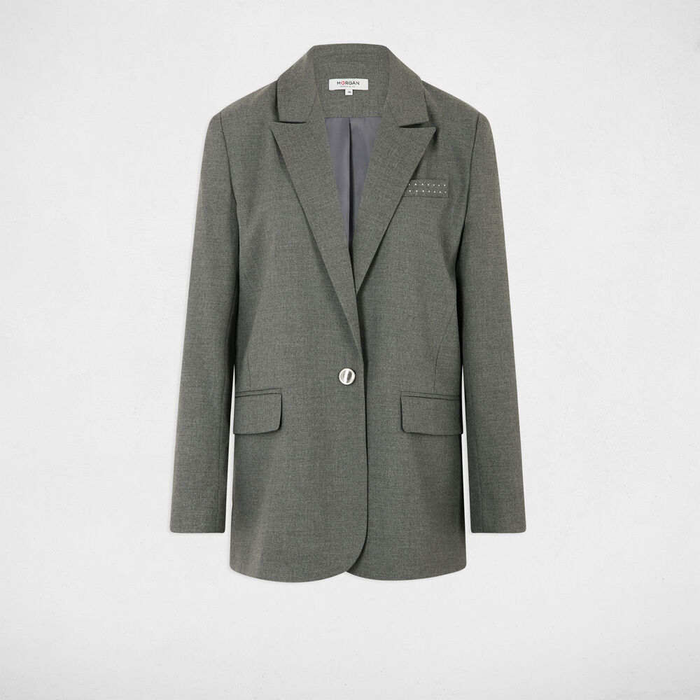 Chaqueta larga con tachuelas gris claro mujer