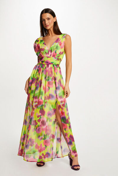 Vestido largo entallado estampado multicolor mujer