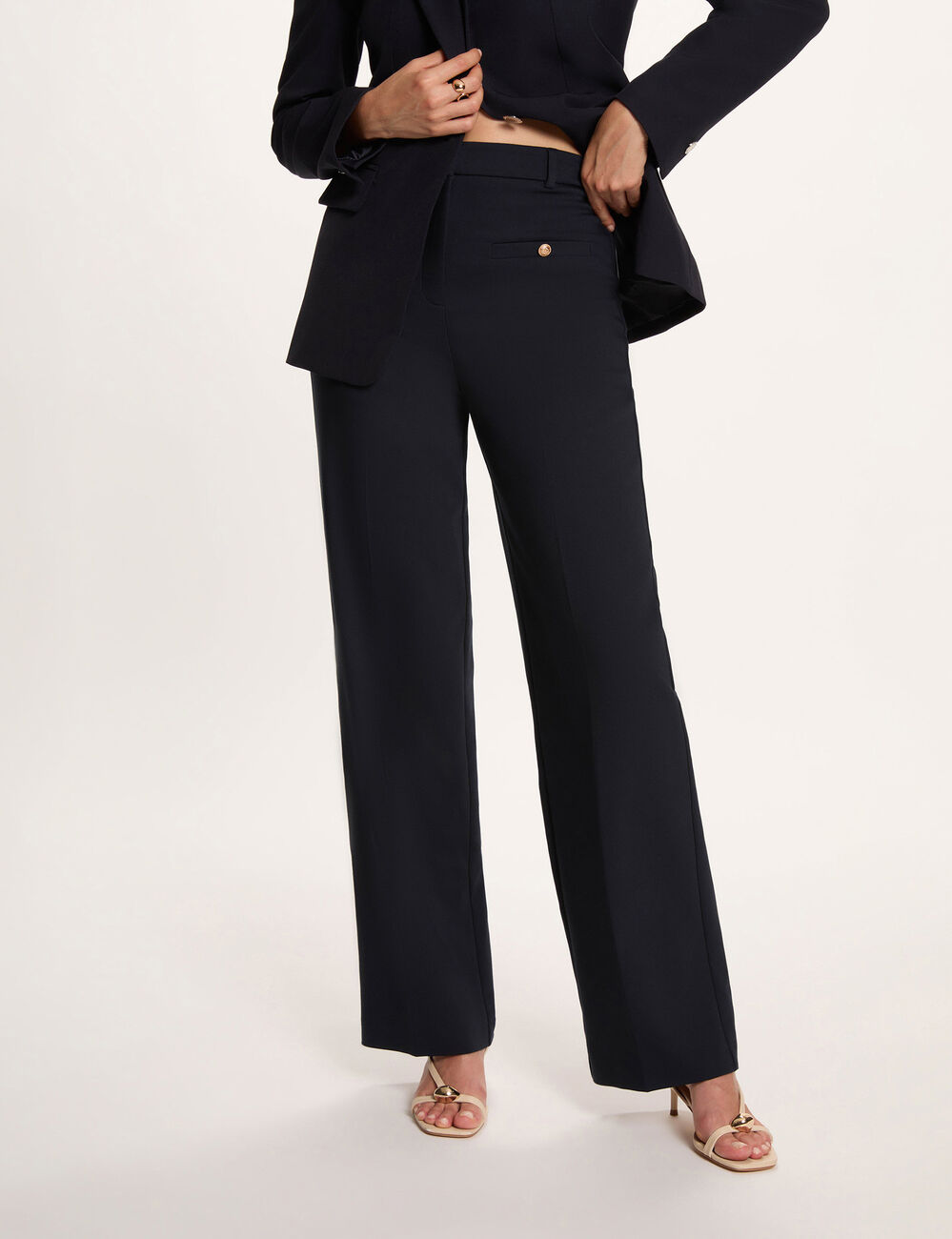 Pantal&oacute;n recto de tiro alto azul marino mujer