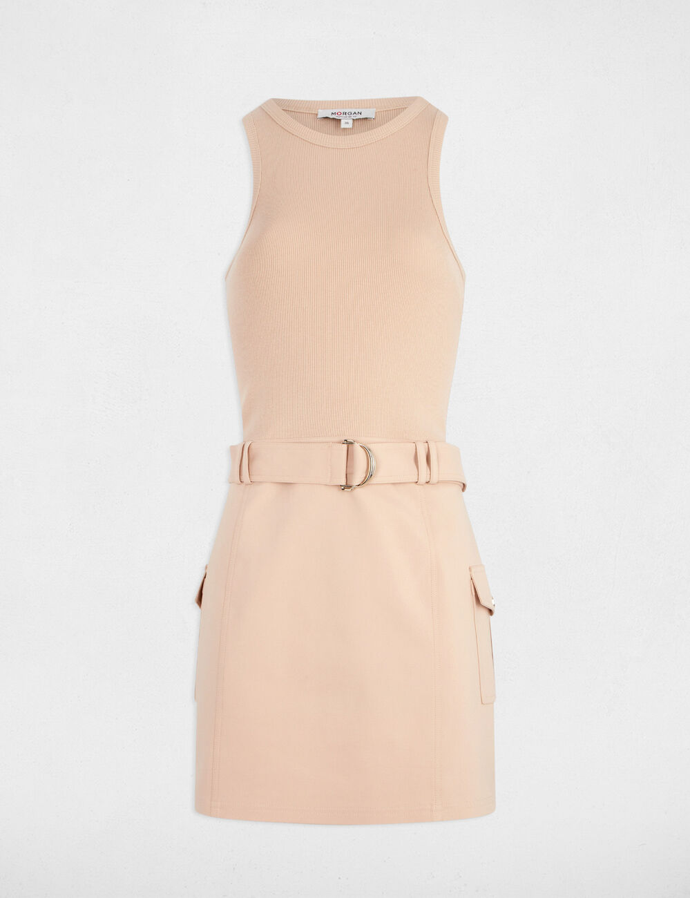 Vestido ajustado cinturón beige mujer