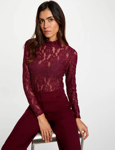 Camiseta de encaje perforado ciruela mujer