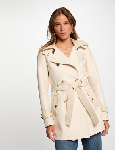 Gabardina con cuero sintético marfil mujer