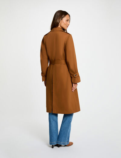 Trench largo con cuello sastre marr&oacute;n co&ntilde;ac mujer