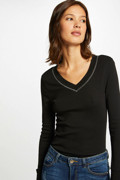 Camiseta manga larga con escote en V negro mujer