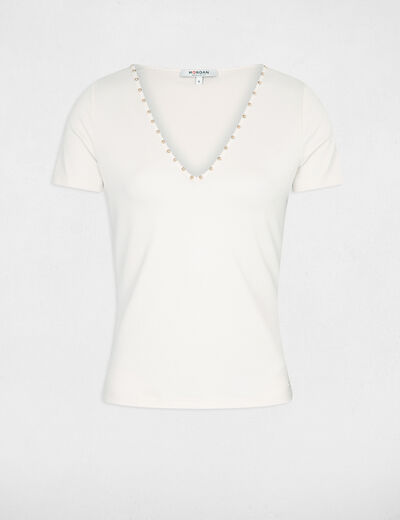 Camiseta manga corta tachuelas marfil mujer