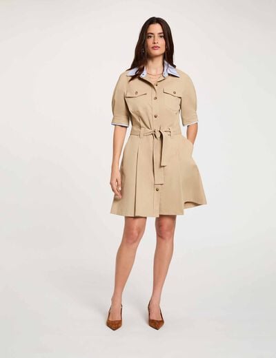 Vestido corto con cuello de solapa beige mujer