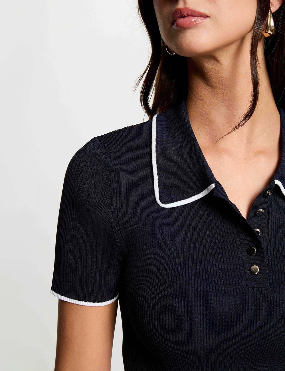 Vestido de punto con cuello vuelto azul marino mujer
