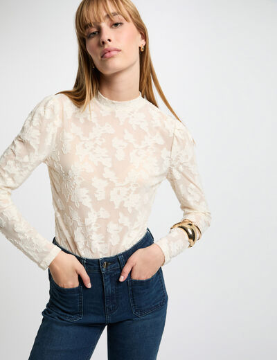 Camiseta manga larga marfil mujer