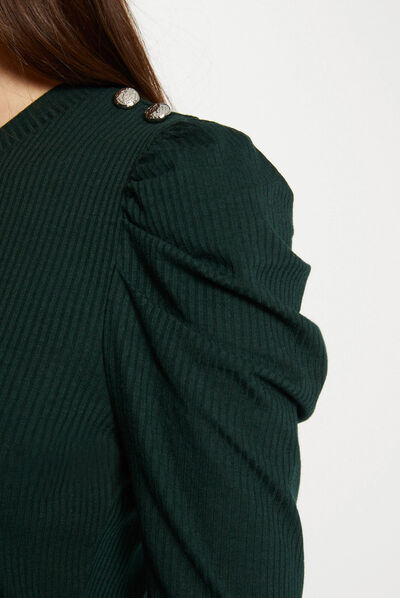 Camiseta manga larga acanalada verde oscuro mujer