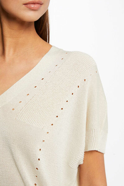 Jersey manga corta con escote en V beis mujer