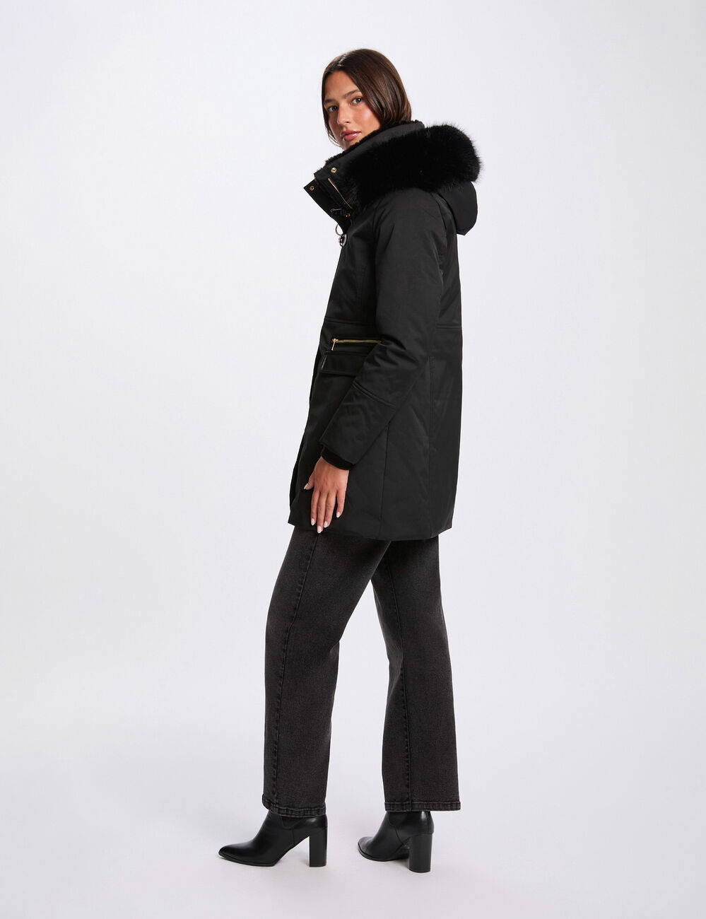 Parka recta de media longitud negro mujer