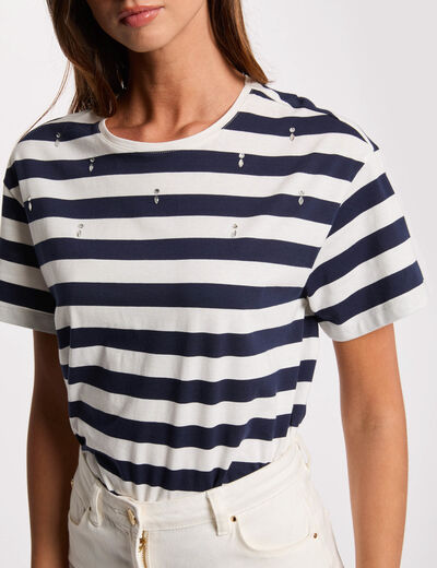 Camiseta manga corta rayada blanco mujer