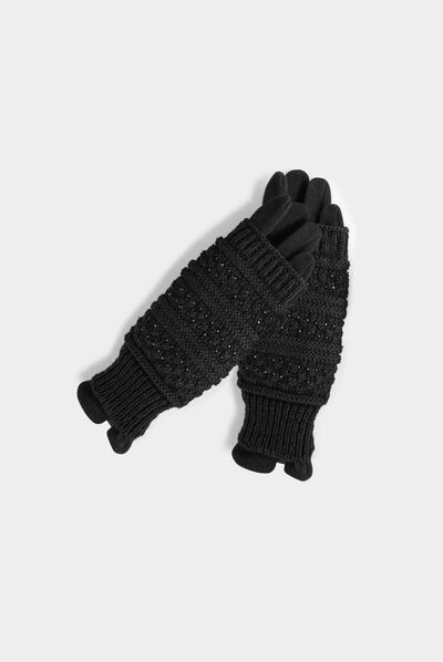 Guantes de punto con strass negro mujer