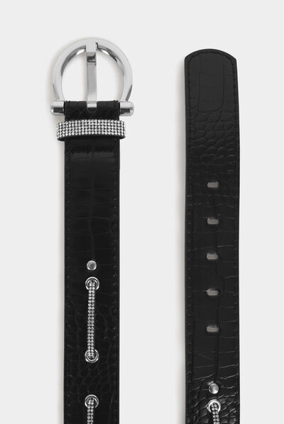 Cinturón con efecto cocodrilo y strass negro mujer