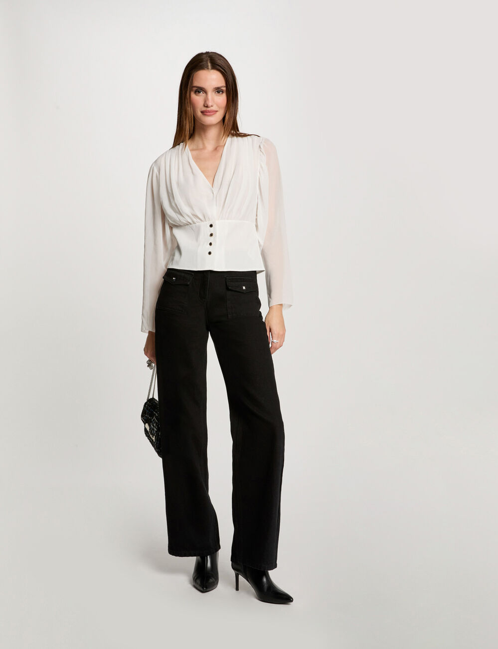 Blusa manga larga drapeada blanco mujer