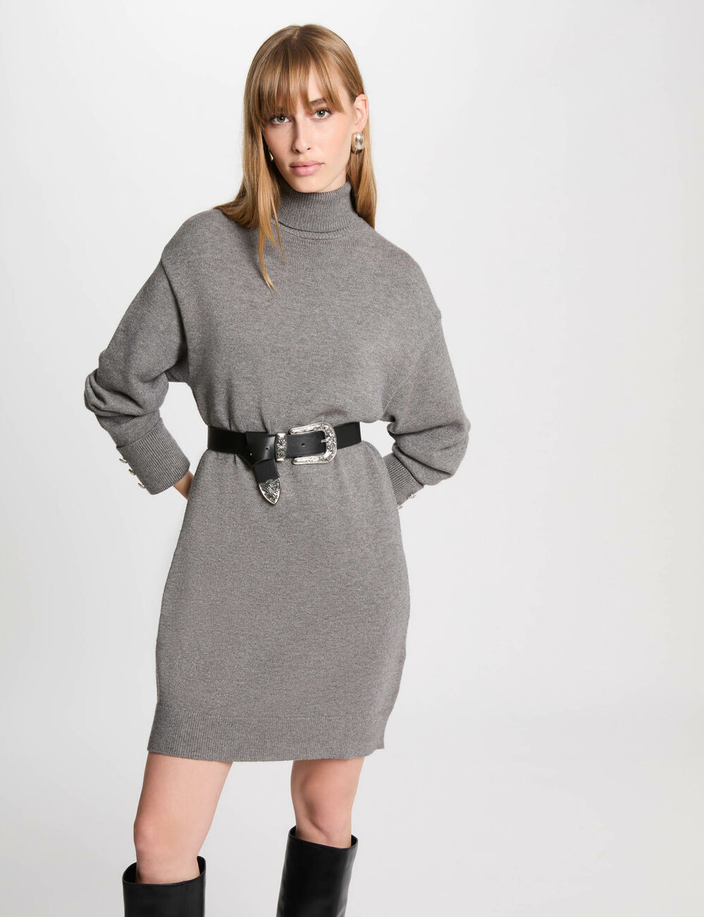 Vestido punto corto recto gris claro mujer