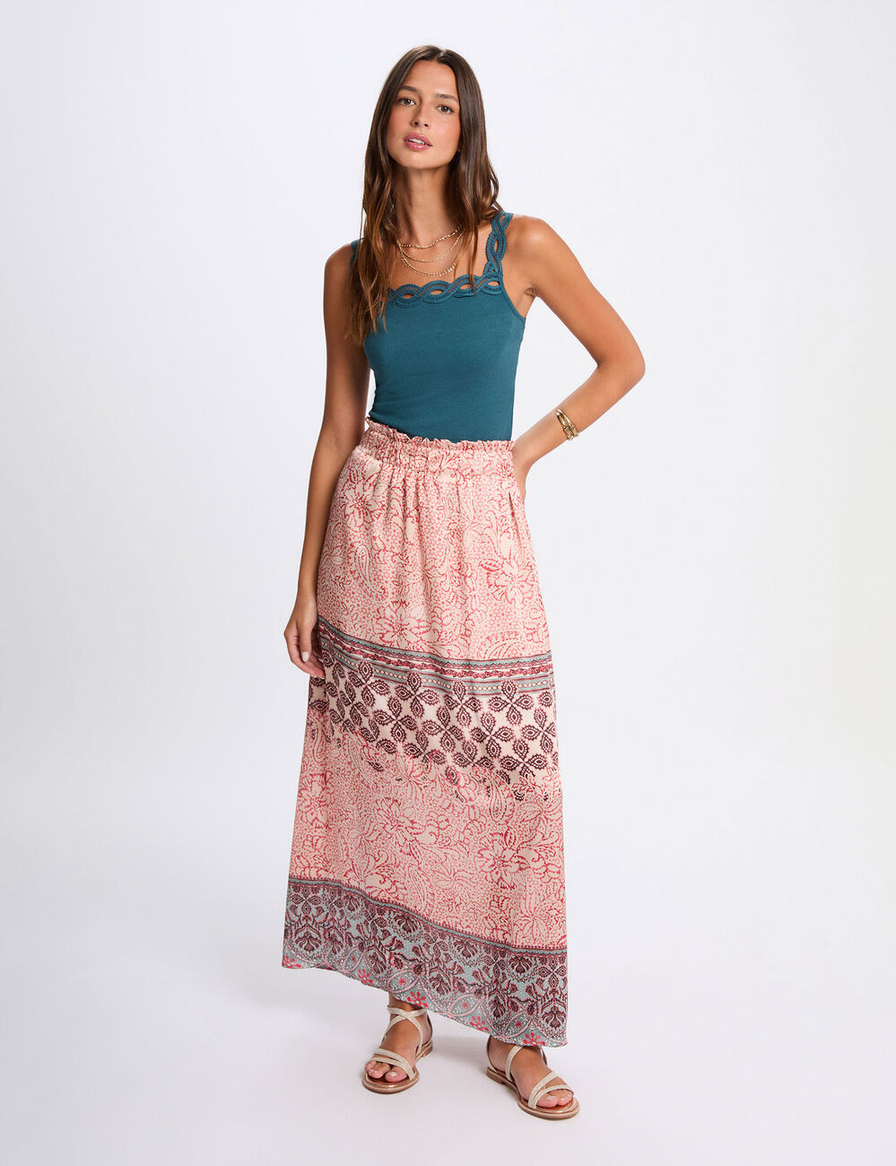 Falda larga fluida multicolor mujer
