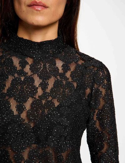 Camiseta de encaje perforado negro mujer