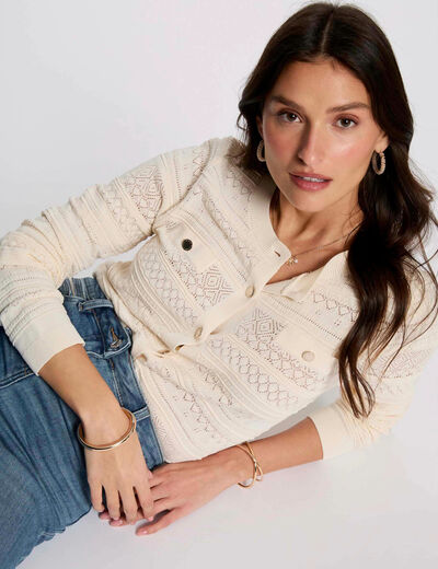 Cárdigan cuello redondo marfil mujer
