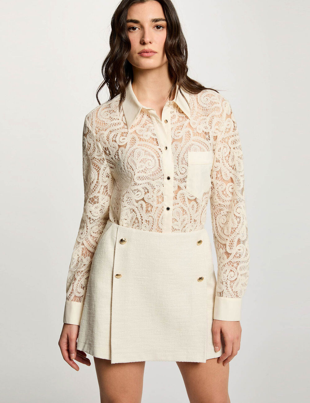 Falda-pantal&oacute;n de tweed ajustada arena mujer