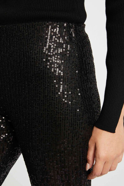 Pantalón pernera ancha con lentejuelas negro mujer