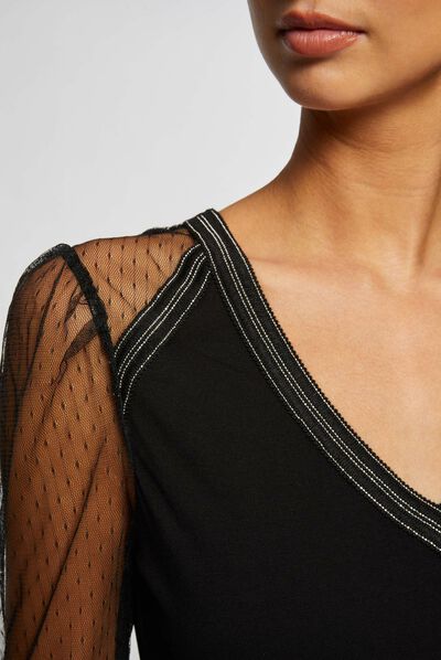 Camiseta manga larga con plumeti negro mujer