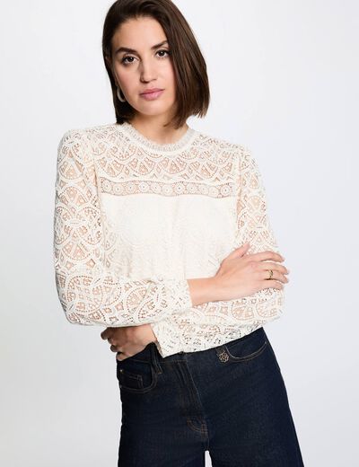 Camiseta de encaje manga larga marfil mujer
