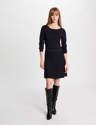 Vestido punto corto evasé azul marino mujer
