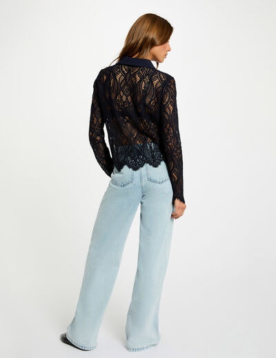 Camisa corta de encaje azul marino mujer