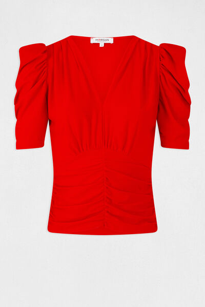 Camiseta manga corta fruncida rojo mujer