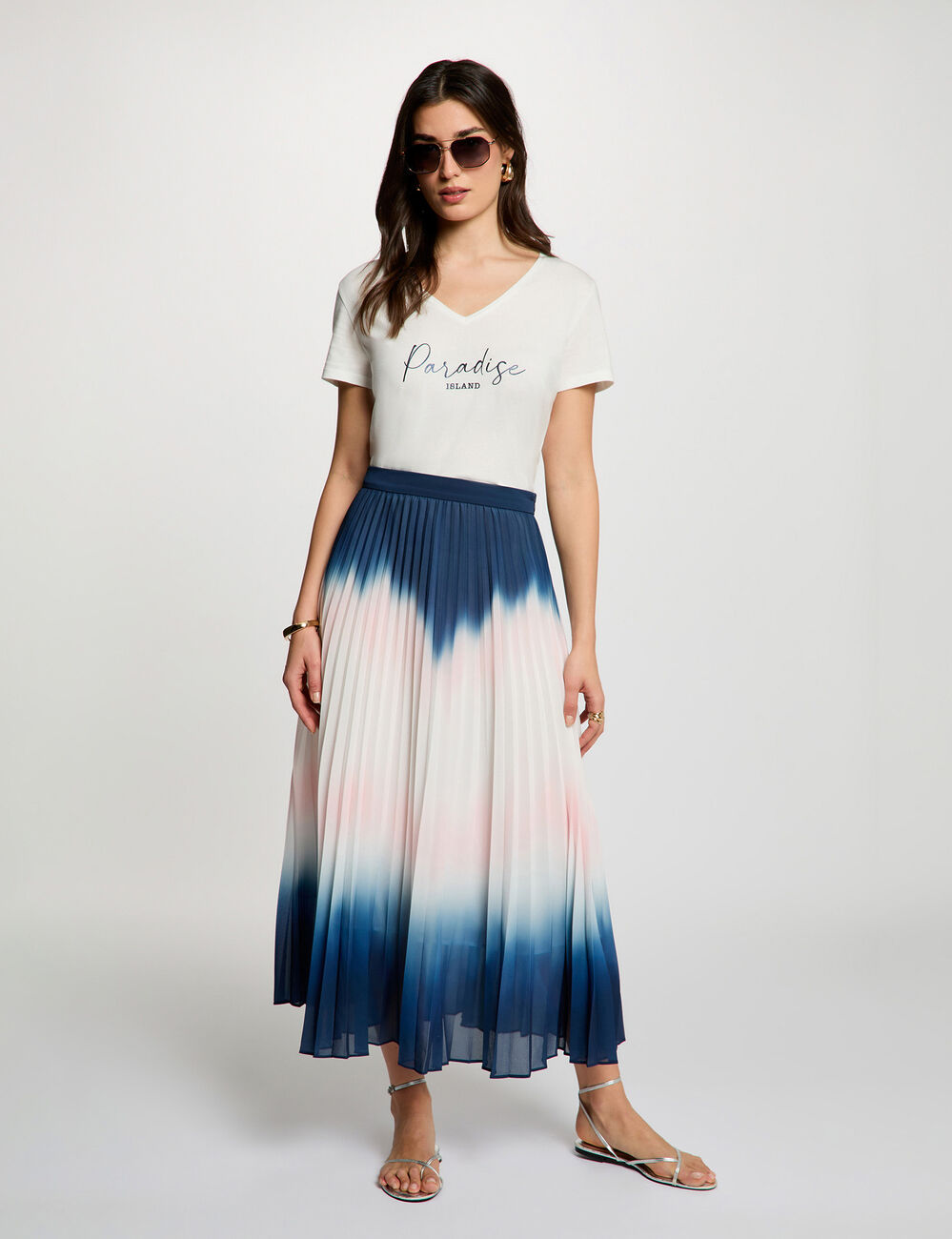 Falda larga plisada multicolor mujer