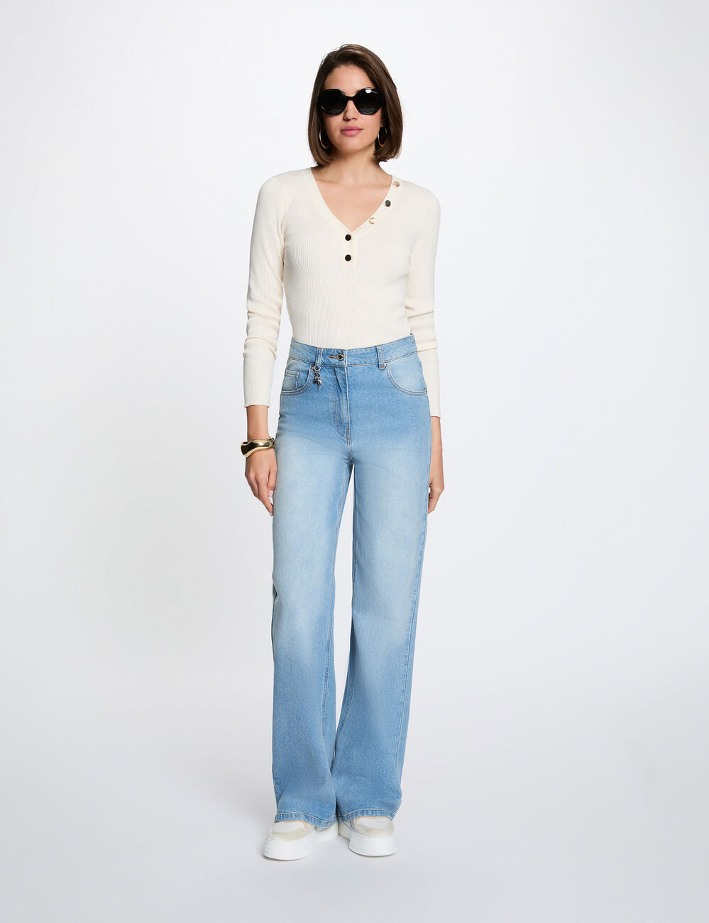 Jersey ajustado con cuello en V marfil mujer