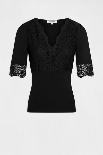 Jersey manga corta con encaje negro mujer