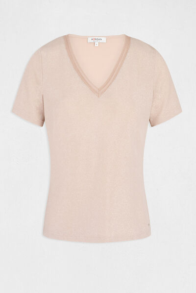 Camiseta manga corta con escote en V rosa mujer