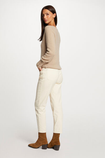 Jersey manga larga con escote en V beige mujer