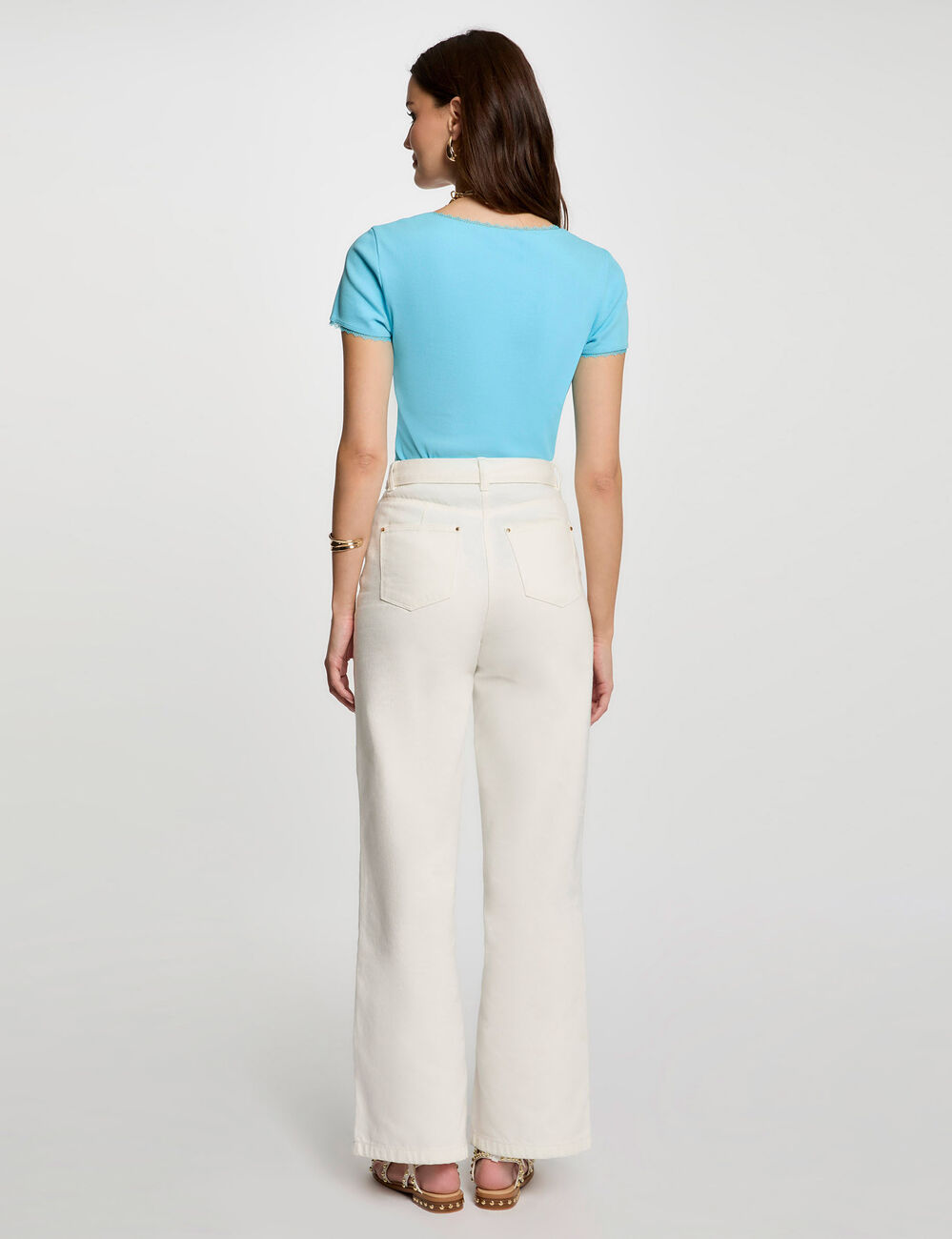 Camiseta acanalada manga corta azul cielo mujer