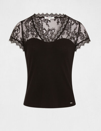 Camiseta manga corta con encaje negro mujer