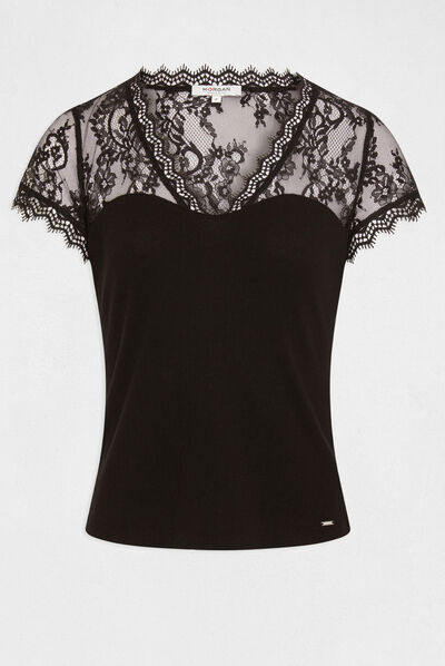 Camiseta manga corta con encaje negro mujer