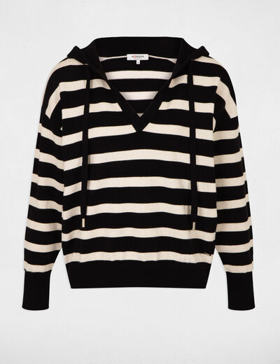 Jersey escote en V y capucha negro mujer