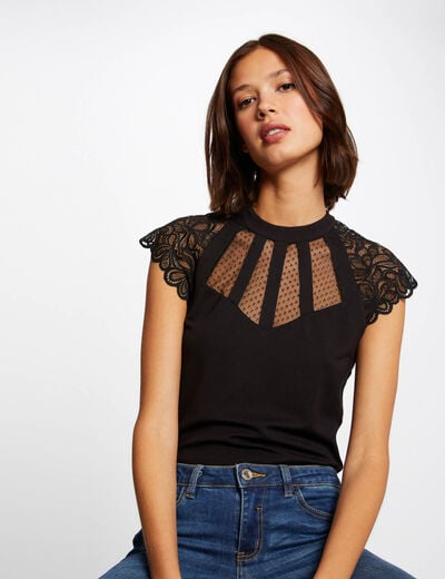 Camiseta manga corta con encaje negro mujer
