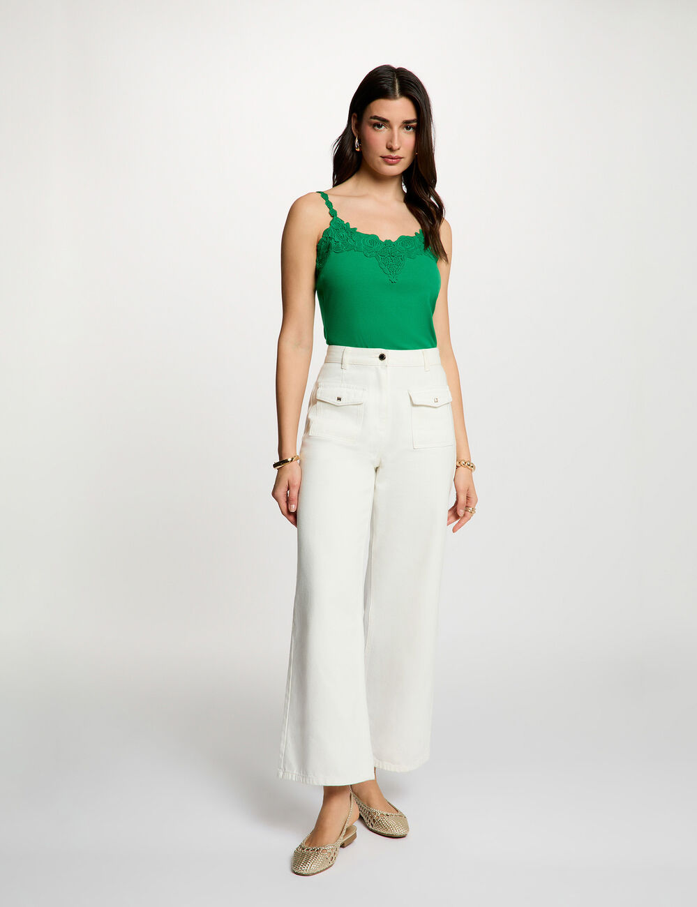 Top de encaje con escote cuadrado verde pradera mujer