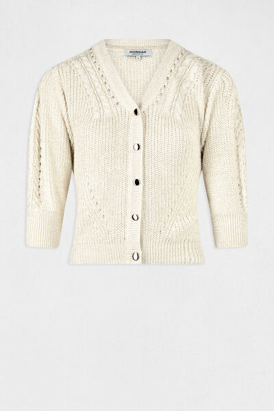 Cárdigan manga 3/4 con punto trenzado beige mujer